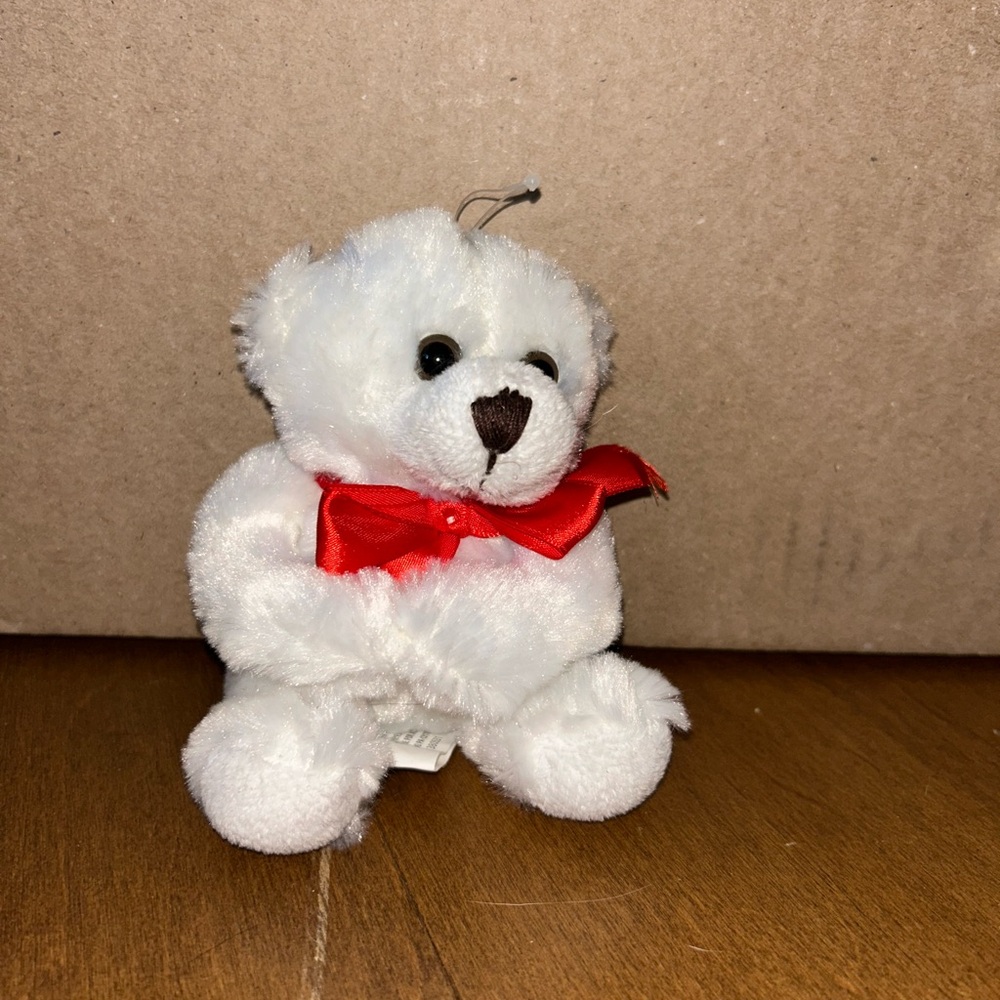 Burton + BURTON White Plush Bear with Red Bow 4in Polyester